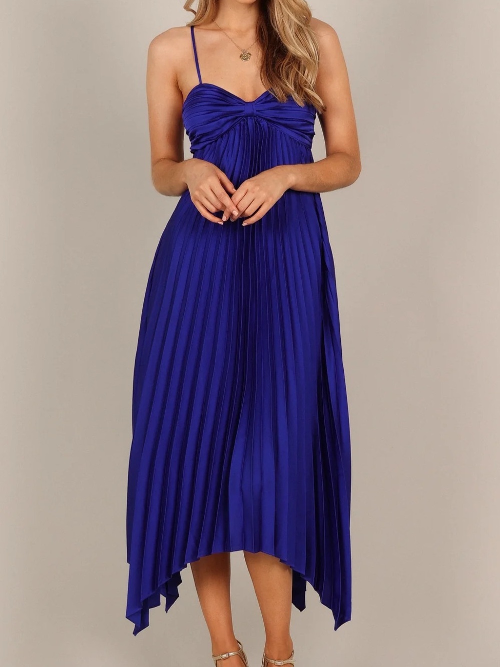 Petal & Pup Cobalt Pleated Asymmetrical Midi Dress